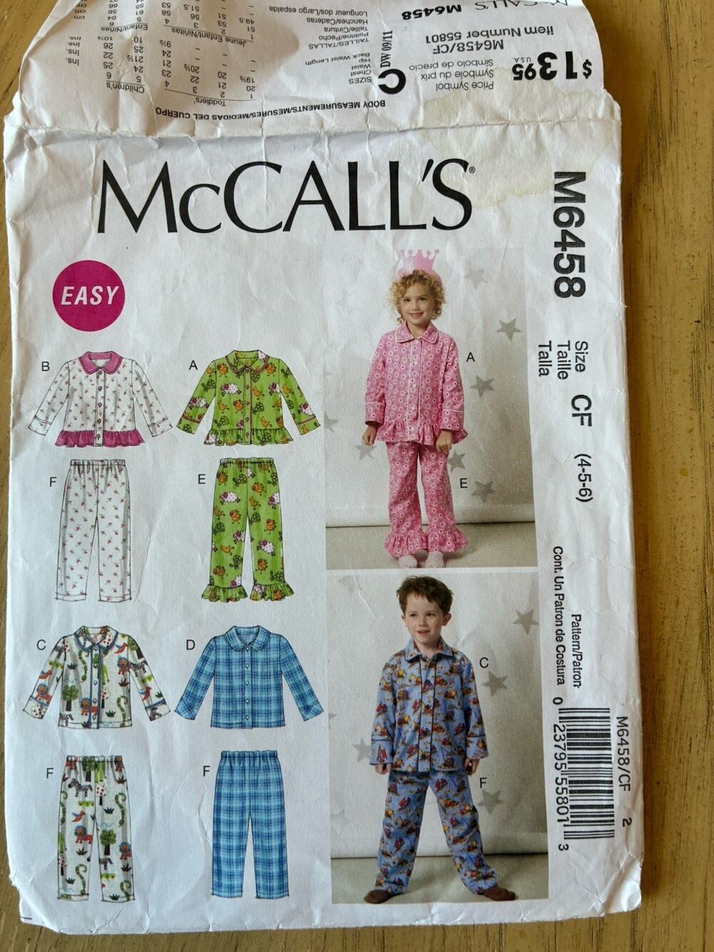 McCall's M6458 Boys Girls Pajamas Sets Child Pants Button Tops Elastic Waist Sew